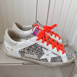 Golden Goose White and Silver Glitter Sneakers with Orange Laces